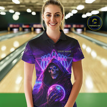 Load image into Gallery viewer, Custom Neon Grim Reaper Bowling Polo &amp; 1/4 Zip Shirts For Women, Bowling Team Jersey Uniform TDM6317