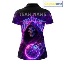 Load image into Gallery viewer, Custom Neon Grim Reaper Bowling Polo &amp; 1/4 Zip Shirts For Women, Bowling Team Jersey Uniform TDM6317