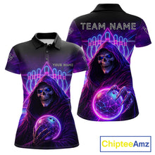 Load image into Gallery viewer, Custom Neon Grim Reaper Bowling Polo &amp; 1/4 Zip Shirts For Women, Bowling Team Jersey Uniform TDM6317