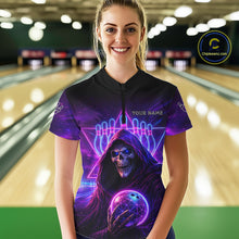 Load image into Gallery viewer, Custom Neon Grim Reaper Bowling Polo &amp; 1/4 Zip Shirts For Women, Bowling Team Jersey Uniform TDM6317
