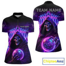 Load image into Gallery viewer, Custom Neon Grim Reaper Bowling Polo &amp; 1/4 Zip Shirts For Women, Bowling Team Jersey Uniform TDM6317