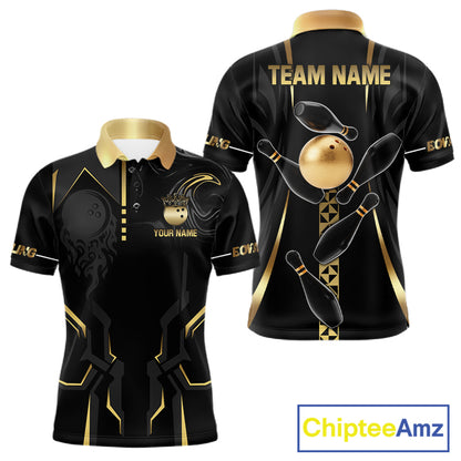 Custom Black And Gold Bowling Shirt For Men, Bowling Tournament Team Jersey Polo & 1/4 Zip TDM6318