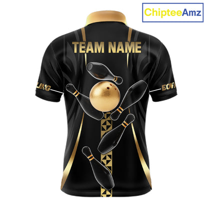 Custom Black And Gold Bowling Shirt For Men, Bowling Tournament Team Jersey Polo & 1/4 Zip TDM6318