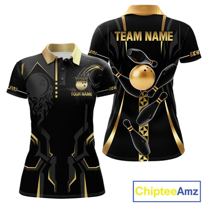Custom Black And Gold Bowling Shirt For Women, Bowling Tournament Team Jersey Polo & 1/4 Zip TDM6318