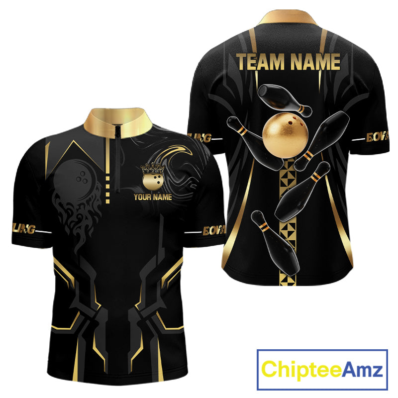 Custom Black And Gold Bowling Shirt For Men, Bowling Tournament Team Jersey Polo & 1/4 Zip TDM6318
