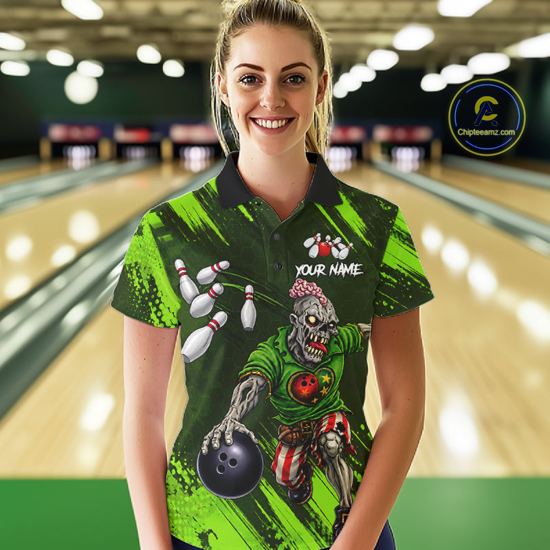 Custom Green Funny Zombie Bowling Shirt For Women, Bowling Team League Jersey Polo & Quarter Zip TDM6498