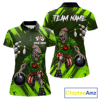 Custom Green Funny Zombie Bowling Shirt For Women, Bowling Team League Jersey Polo & Quarter Zip TDM6498