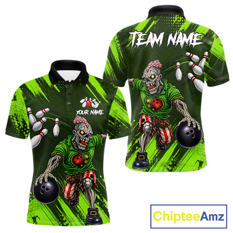 Custom Green Funny Zombie Bowling Shirt For Men, Bowling Team League Jersey Polo & Quarter Zip TDM6498