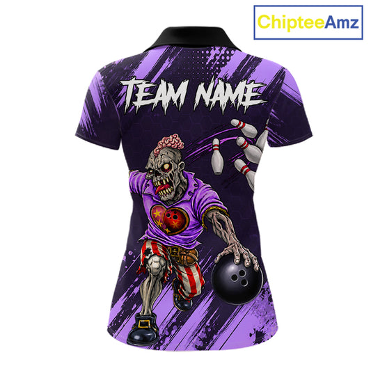 Custom Purple Funny Zombie Bowling Shirt For Women, Bowling Team League Jersey Polo & Quarter Zip TDM6499