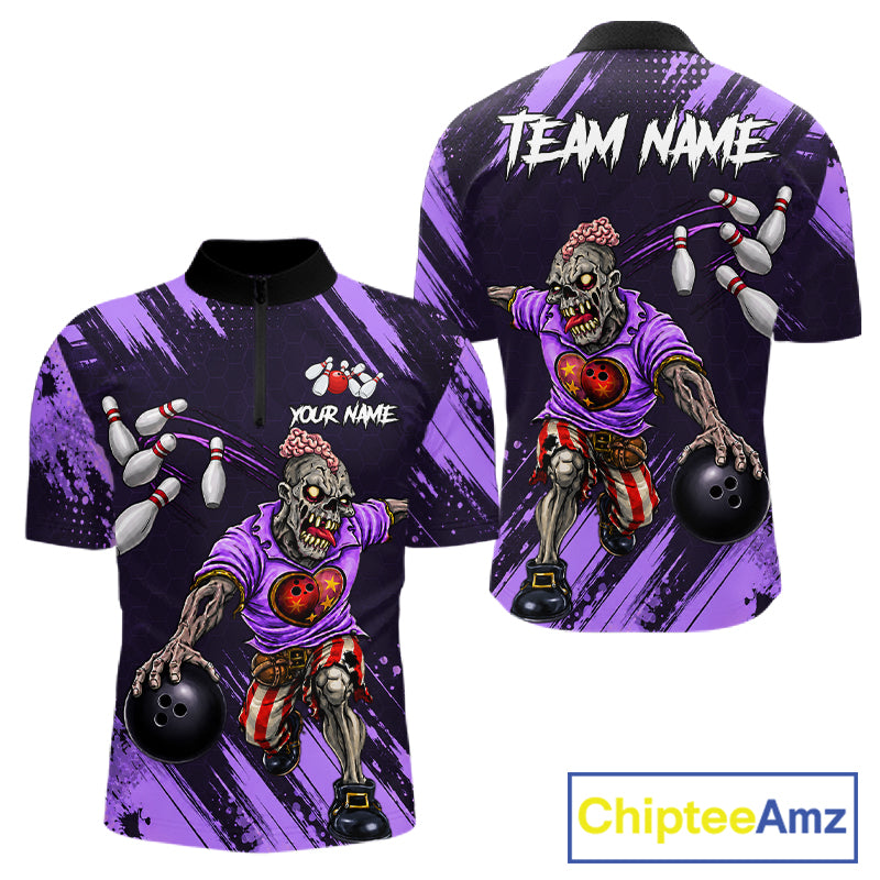 Custom Purple Funny Zombie Bowling Shirt For Men, Bowling Team League Jersey Polo & Quarter Zip TDM6499