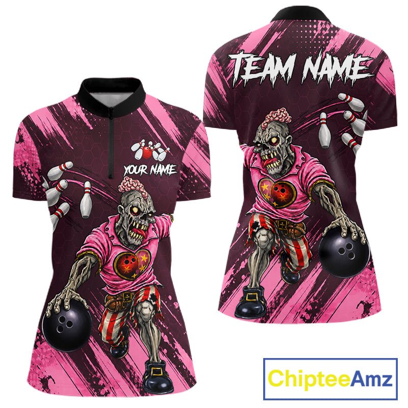 Custom Pink Funny Zombie Bowling Shirt For Women, Bowling Team League Jersey Polo & Quarter Zip TDM6500