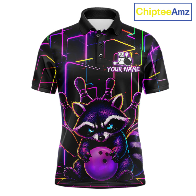 Funny purple neon raccoon bowling polo shirt for men with custom bowling team graphics.