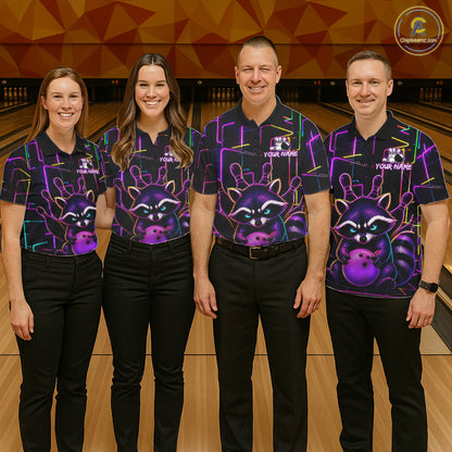 Bowling team wearing matching funny purple neon raccoon bowling jerseys during tournament matches front view.