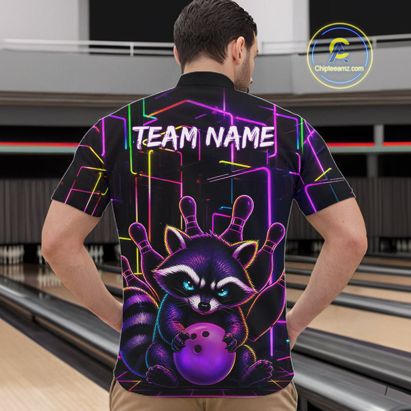 Back view of man wearing a funny purple neon raccoon bowling quarter zip shirt in a bowling alley.