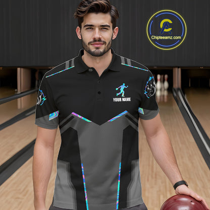 Man wearing a holographic bowling polo shirt at a bowling alley front view.