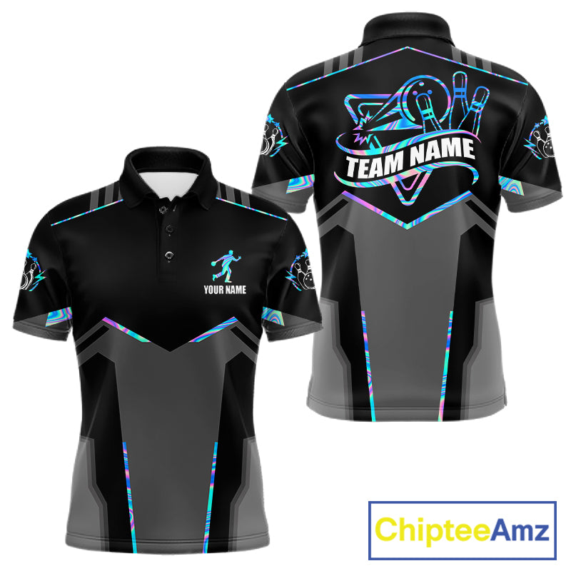 Holographic bowling polo shirt for men with custom bowling team graphics.