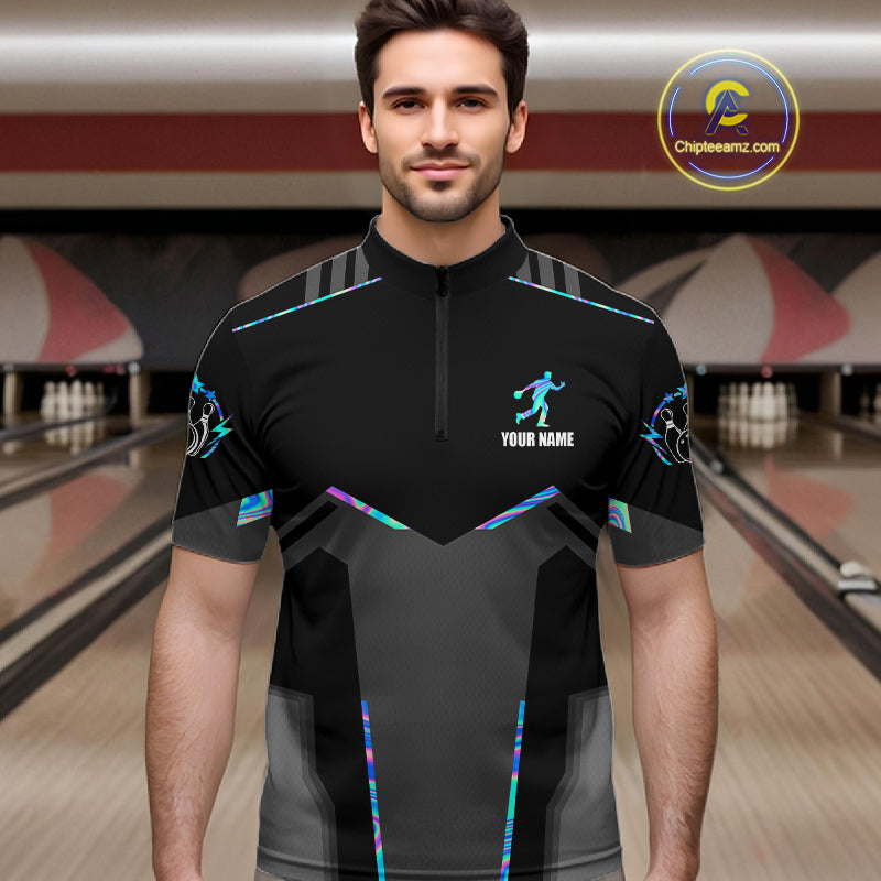 Man wearing a holographic bowling quarter zip jersey during tournament competition front view.