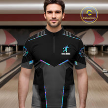 Load image into Gallery viewer, Man wearing a holographic bowling quarter zip jersey during tournament competition front view.