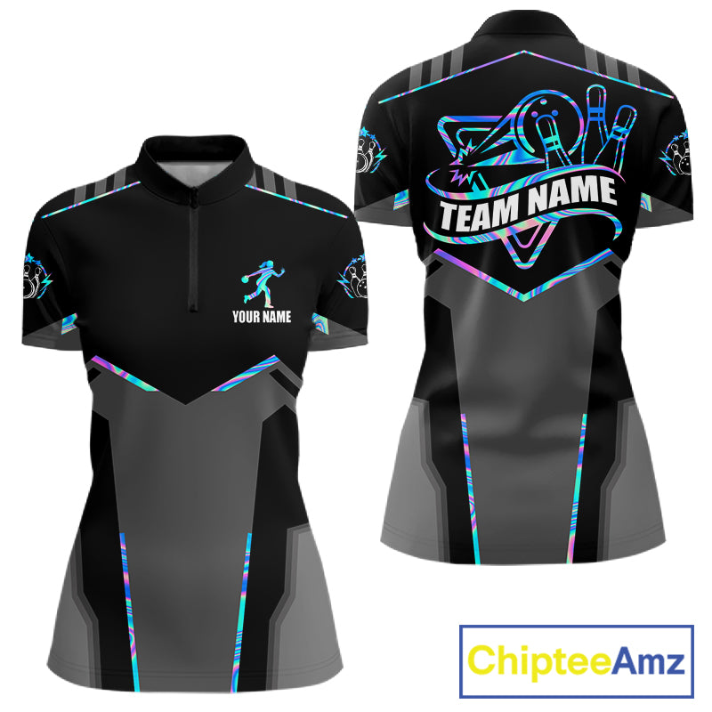 Holographic bowling quarter zip shirt for women built for league play and tournaments.
