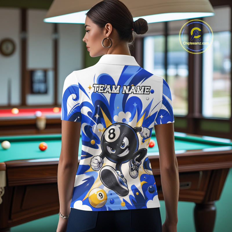 Woman wearing red funny 8 ball pool graffiti billiard team jersey polo shirt featuring colorful graffiti artwork, back view.