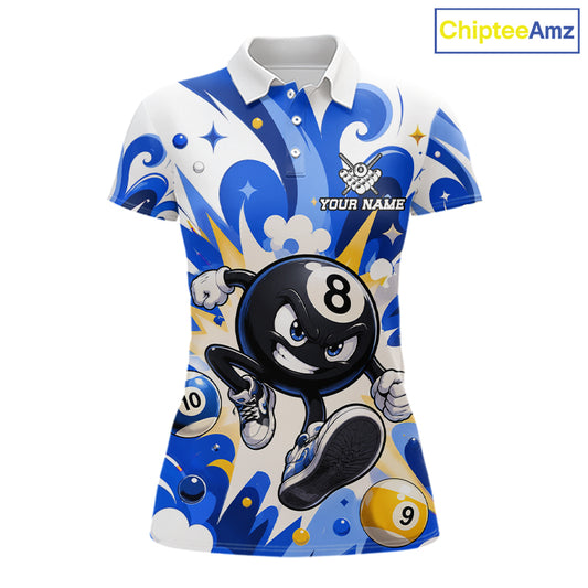 Red funny 8 ball pool graffiti billiard team jersey polo shirt for women featuring colorful graffiti artwork, premium custom pool league apparel for tournaments, league matches and competitive billiard players.