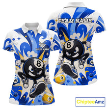 Load image into Gallery viewer, Red funny 8 ball pool graffiti billiard team jersey polo shirt for women featuring colorful graffiti artwork, premium custom pool league apparel for tournaments, league matches and competitive billiard players.