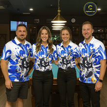 Load image into Gallery viewer, Billiard team wearing matching blue funny 8 ball pool graffiti team jerseys featuring vibrant street art graphics, front view.