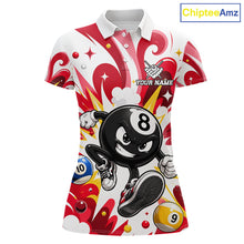 Load image into Gallery viewer, Red funny 8 ball pool graffiti billiard team jersey polo shirt for women featuring colorful graffiti artwork, premium custom pool league apparel for tournaments, league matches and competitive billiard players.