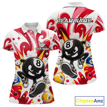 Load image into Gallery viewer, Red funny 8 ball pool graffiti billiard team jersey polo shirt for women featuring colorful graffiti artwork, premium custom pool league apparel for tournaments, league matches and competitive billiard players.