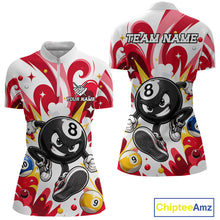Load image into Gallery viewer, Red funny 8 ball pool graffiti billiard team jersey quarter zip shirt for women featuring bold graffiti graphics, premium custom billiard league apparel for tournament play.