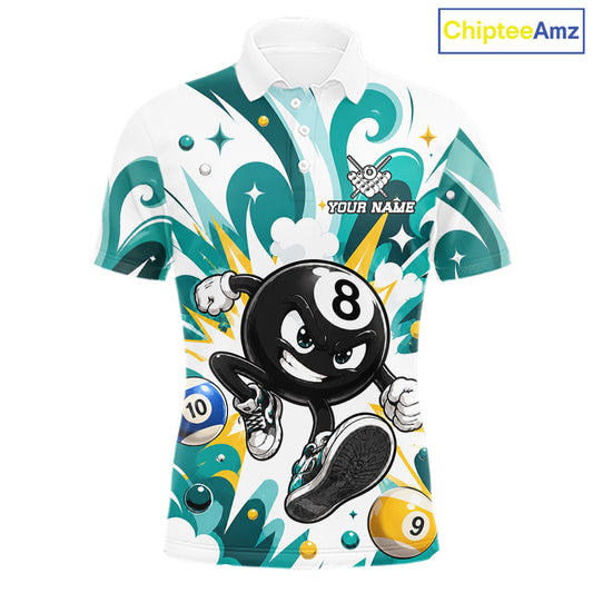 Teal funny 8 ball pool graffiti billiard team jersey polo shirt for men featuring colorful graffiti artwork, premium custom pool league apparel for tournaments, league matches and competitive billiard players.