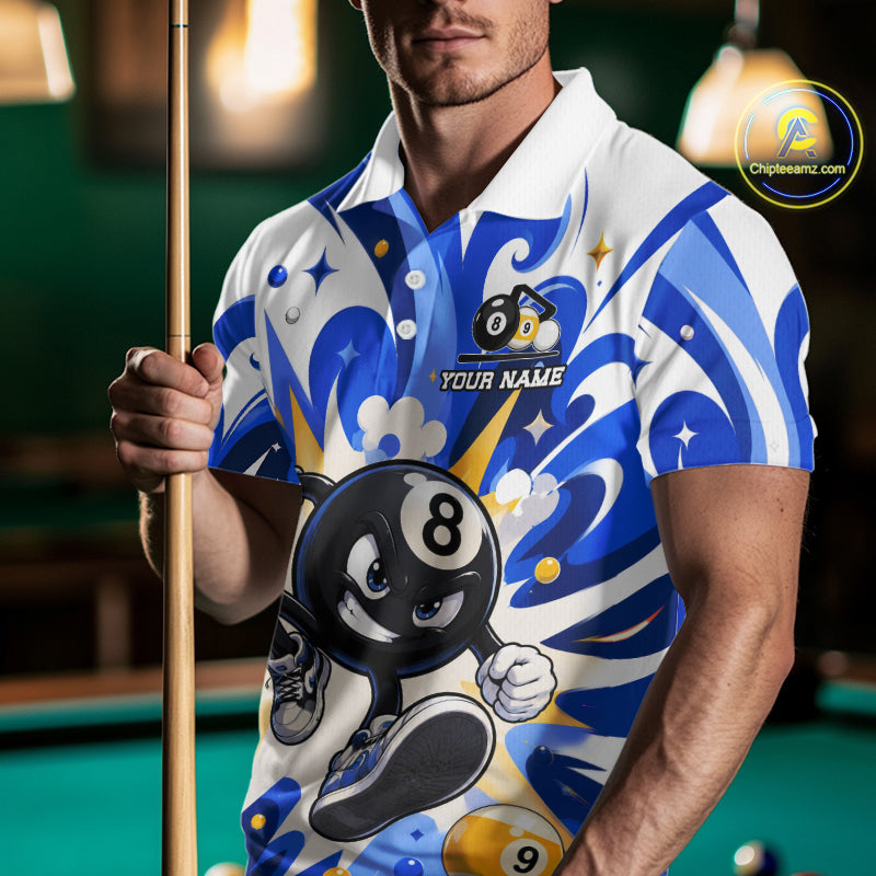 Man wearing funny silver 9 ball pool billiard team jersey polo shirt featuring the humorous 9 ball artwork, front view.