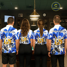 Load image into Gallery viewer, Billiard team wearing matching funny silver 9 ball pool team jerseys featuring playful billiard graphics, back view.