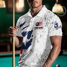 Load image into Gallery viewer, Man wearing black grunge Texas flag 8 ball pool billiard team jersey polo shirt featuring distressed patriotic Texas flag artwork, front view.