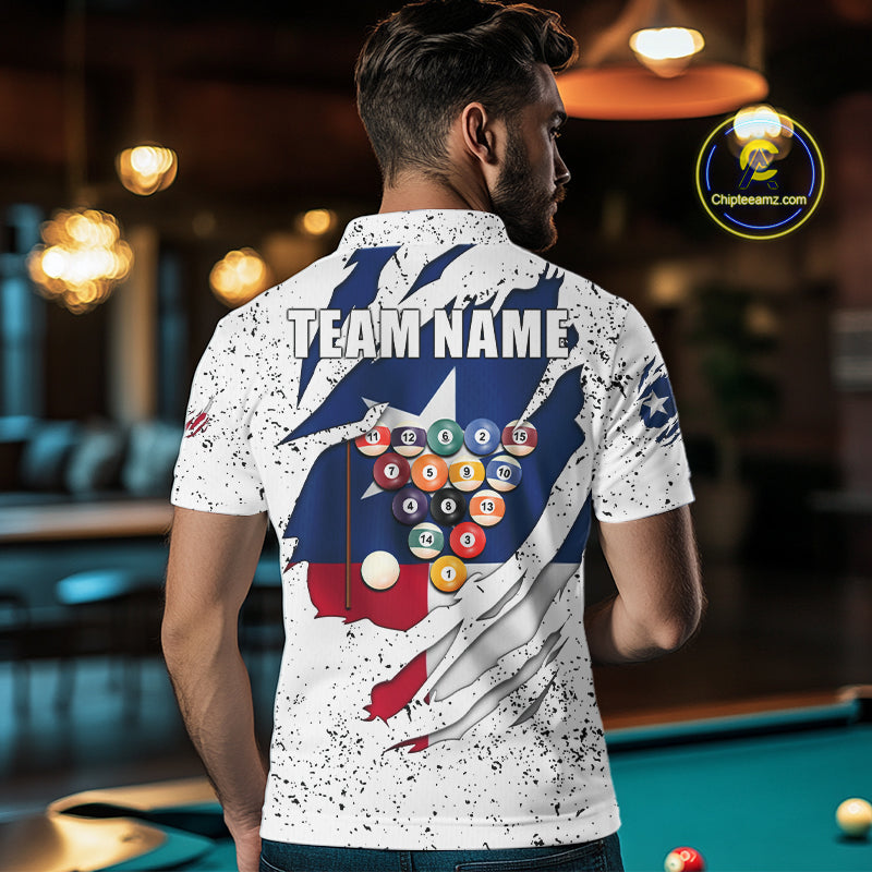 Man wearing black grunge Texas flag 8 ball pool billiard team jersey polo shirt featuring distressed patriotic Texas flag artwork, back view.