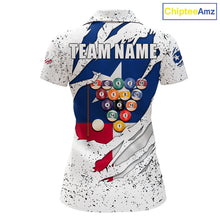 Load image into Gallery viewer, Black grunge Texas flag 8 ball pool billiard team jersey polo shirt for women featuring distressed Texas flag artwork with bold patriotic styling, premium custom pool league apparel for tournaments, league play and competitive billiard teams.