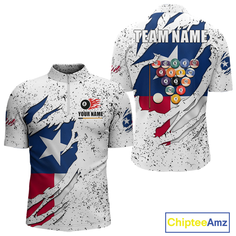 Black grunge Texas flag 8 ball pool billiard team jersey quarter zip shirt for men featuring distressed patriotic Texas flag graphics, premium custom billiard league apparel for tournament competition.