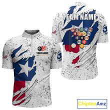 Load image into Gallery viewer, Black grunge Texas flag 8 ball pool billiard team jersey quarter zip shirt for men featuring distressed patriotic Texas flag graphics, premium custom billiard league apparel for tournament competition.