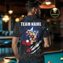 Load image into Gallery viewer, Man wearing white grunge Texas flag 8 ball pool billiard team jersey polo shirt featuring distressed patriotic Texas flag artwork, back view.