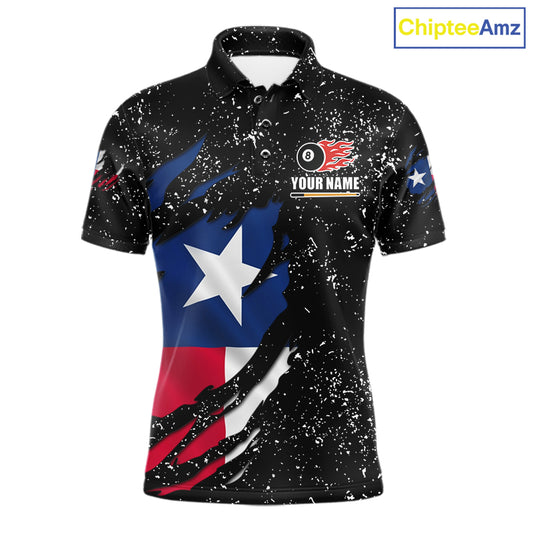 White grunge Texas flag 8 ball pool billiard team jersey polo shirt for men featuring distressed Texas flag artwork with bold patriotic styling, premium custom pool league apparel for tournaments, league play and competitive billiard teams.