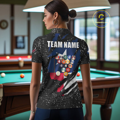 Woman wearing white grunge Texas flag 8 ball pool billiard team jersey polo shirt featuring distressed patriotic Texas flag artwork, back view.