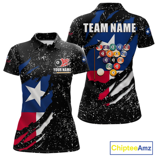 White grunge Texas flag 8 ball pool billiard team jersey polo shirt for women featuring distressed Texas flag artwork with bold patriotic styling, premium custom pool league apparel for tournaments, league play and competitive billiard teams.