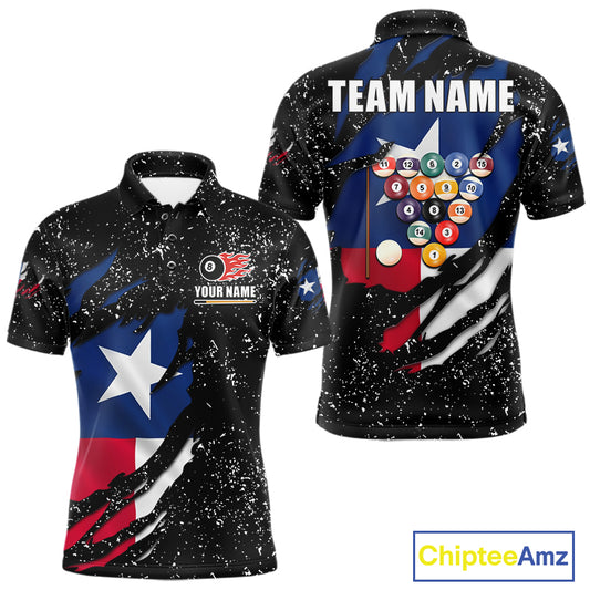 White grunge Texas flag 8 ball pool billiard team jersey polo shirt for men featuring distressed Texas flag artwork with bold patriotic styling, premium custom pool league apparel for tournaments, league play and competitive billiard teams.