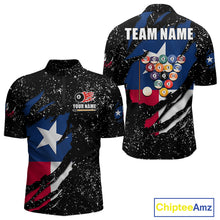 Load image into Gallery viewer, White grunge Texas flag 8 ball pool billiard team jersey quarter zip shirt for men featuring distressed patriotic Texas flag graphics, premium custom billiard league apparel for serious pool players.