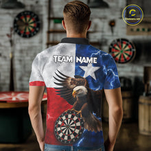 Load image into Gallery viewer, Man wearing Texas flag eagle lightning darts team jersey polo shirt featuring patriotic Texas flag eagle artwork, back view.