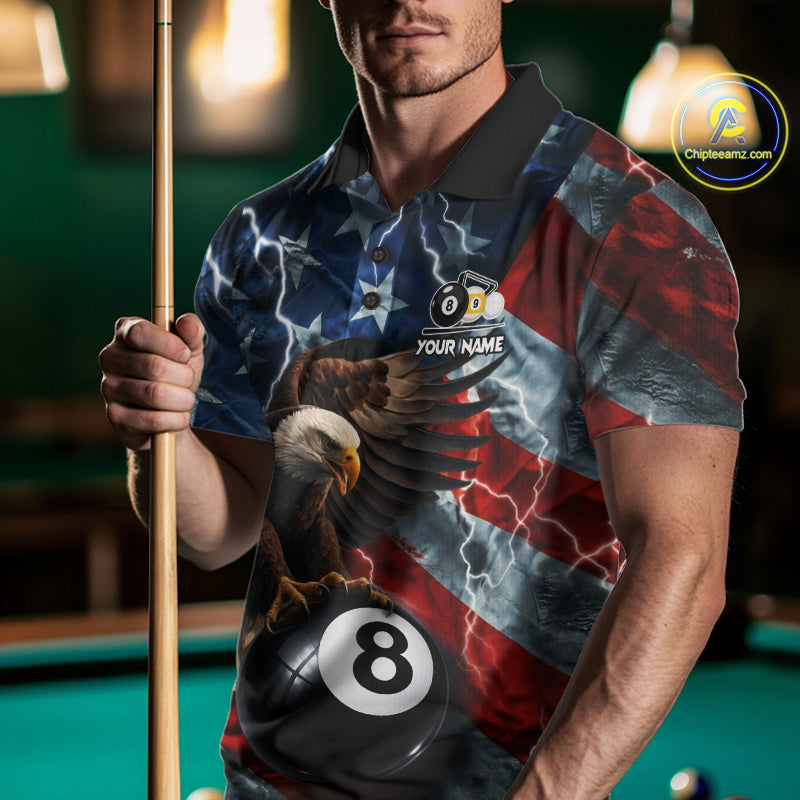 Man wearing custom American flag eagle lightning 8 ball and 9 ball billiard pool team jersey polo shirt featuring patriotic eagle artwork, front view.