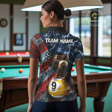 Load image into Gallery viewer, Woman wearing American flag eagle lightning 8 ball billiard pool team jersey polo shirt featuring patriotic eagle artwork, back view.