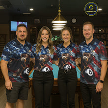 Load image into Gallery viewer, Billiard team wearing matching American flag eagle lightning 8 ball and 9 ball pool team jerseys featuring patriotic graphics, front view.