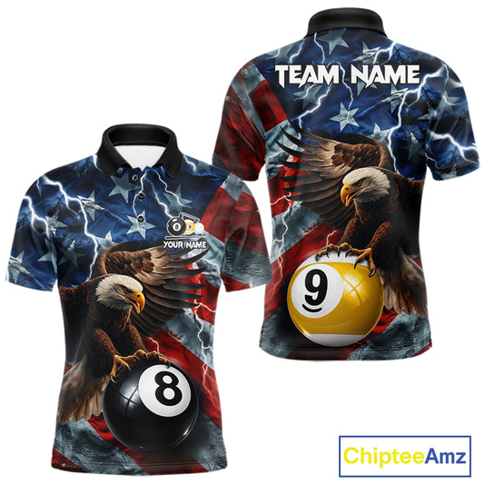 Custom American flag eagle lightning 8 ball and 9 ball billiard pool team jersey polo shirt for men featuring patriotic eagle artwork with lightning effects, premium custom pool league apparel for tournaments.
