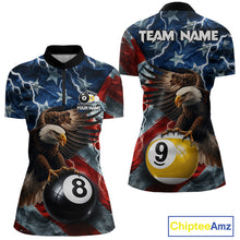 Load image into Gallery viewer, American flag eagle lightning 8 ball billiard pool team jersey quarter zip shirt for women featuring patriotic eagle graphics and lightning artwork for competitive billiard players.